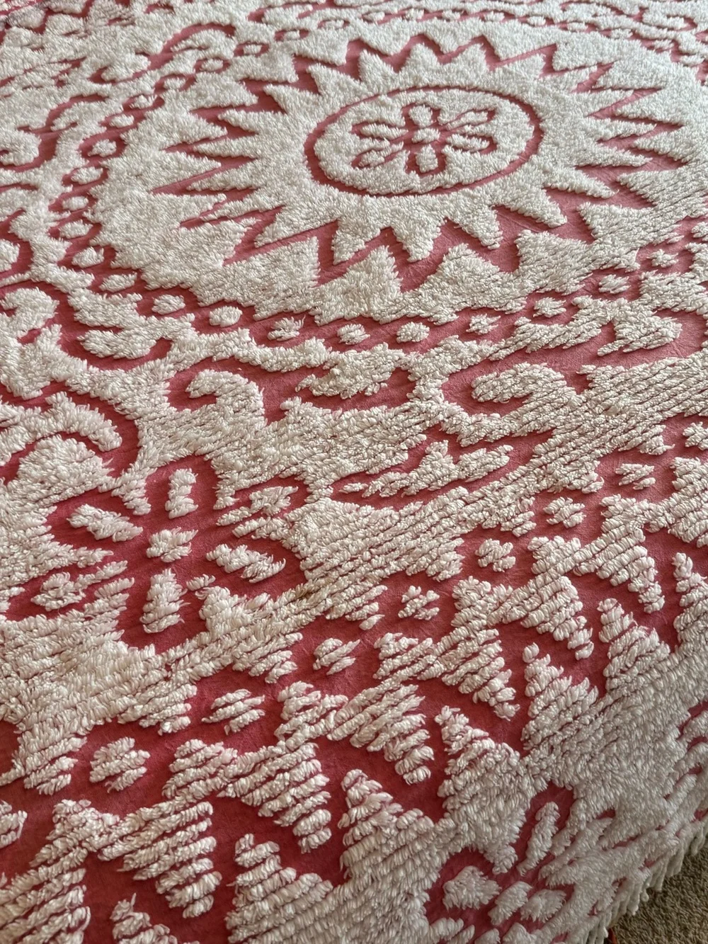 Vintage Montgomery Ward Pink White Chenille Bedspread Full USA Cottagecore